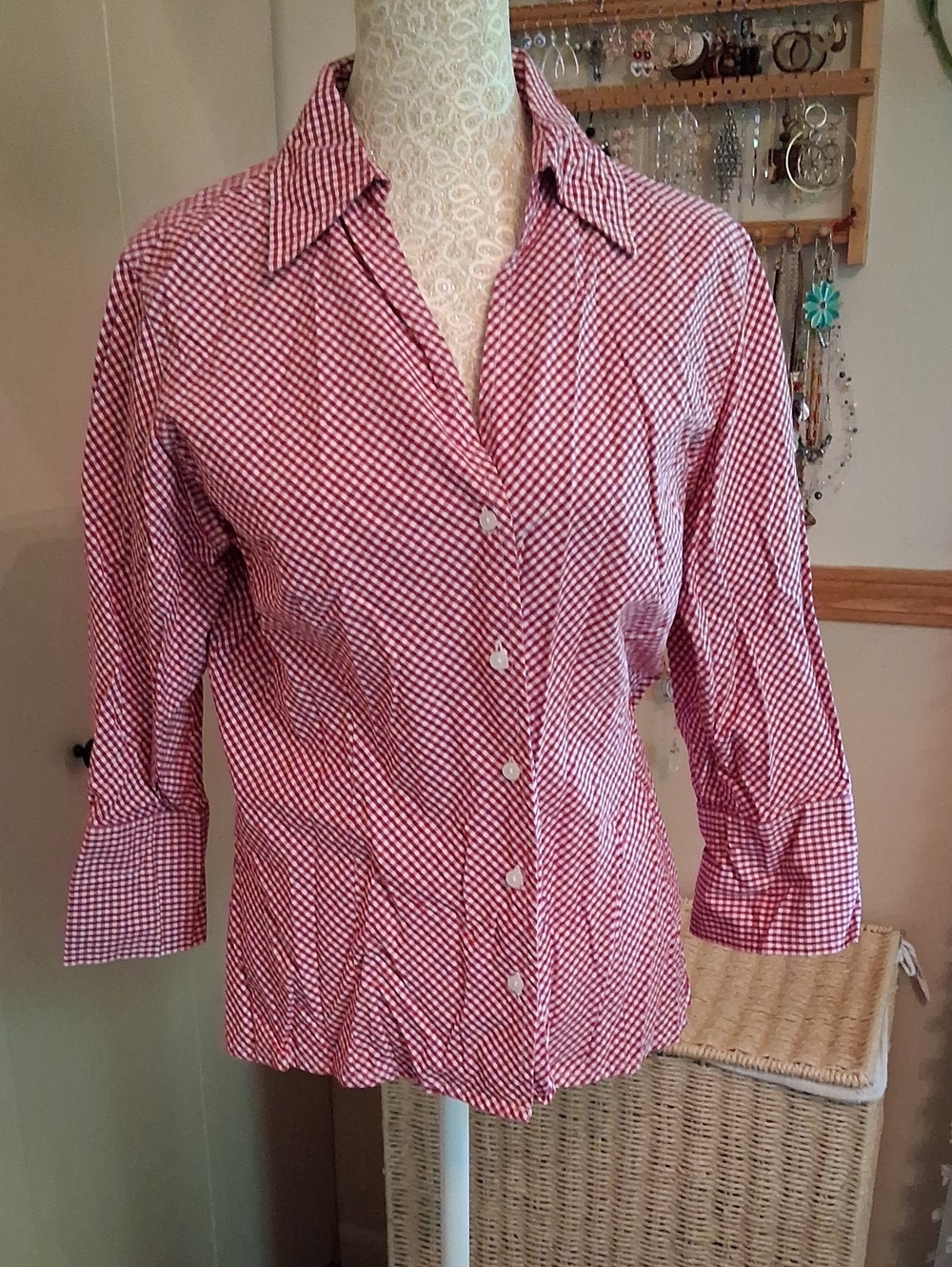 CC Hughes Women's Red And White Gingham Button-Up Shirt. Size M
